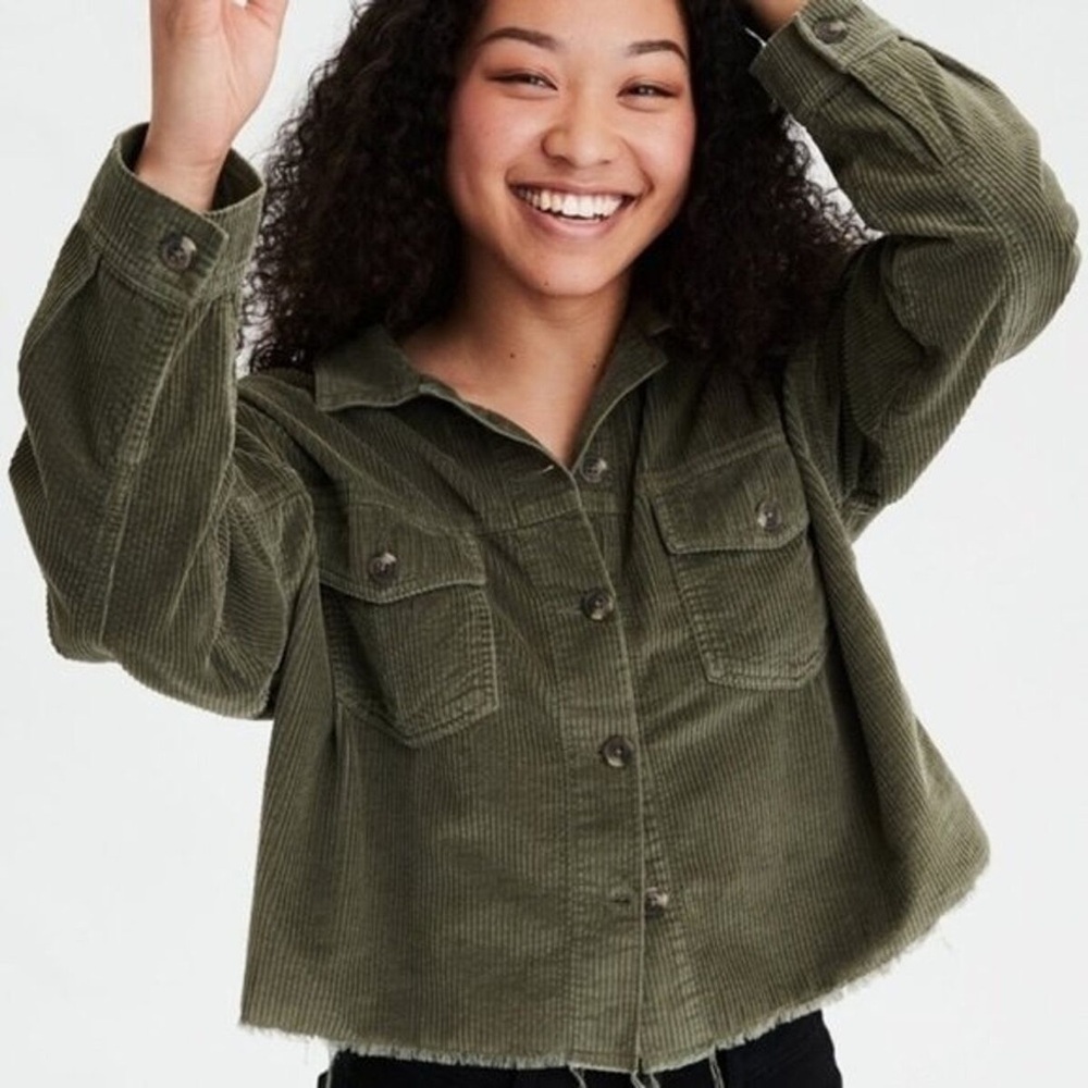 American Eagle Olive Corduroy Raw Hem Cropped Jacket